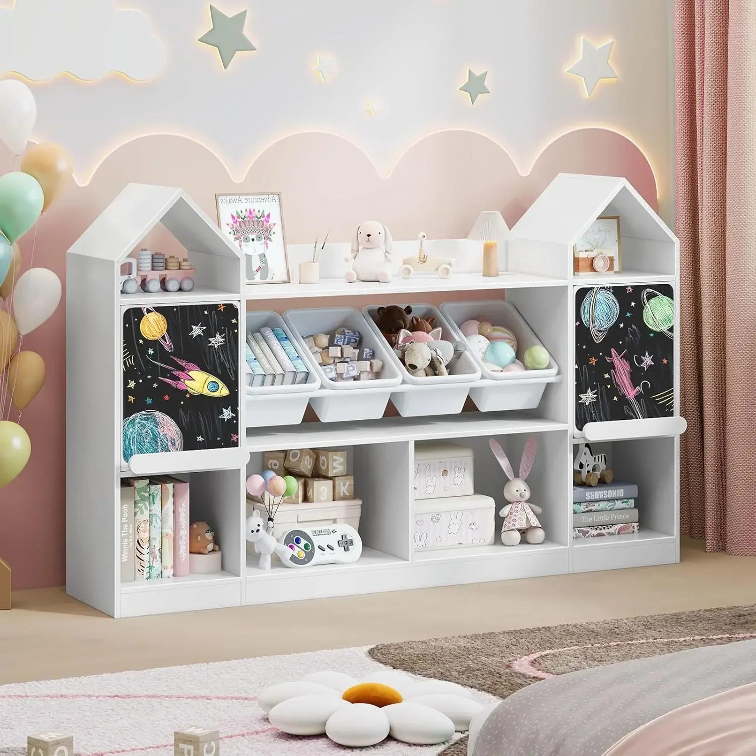 Vabches Castle Shape Children's Bookcase with Blackboard, Kids Bookshelf Display Case Kids Toy Storage Organizer Bookshelf Suita