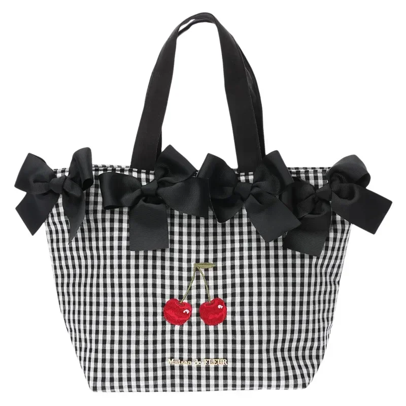 Japanese Style Small Cherry Embroidery Portable Plaid Luch Bag Students Handheld Bowknot Makeup Bag Casual Shoulder Bags