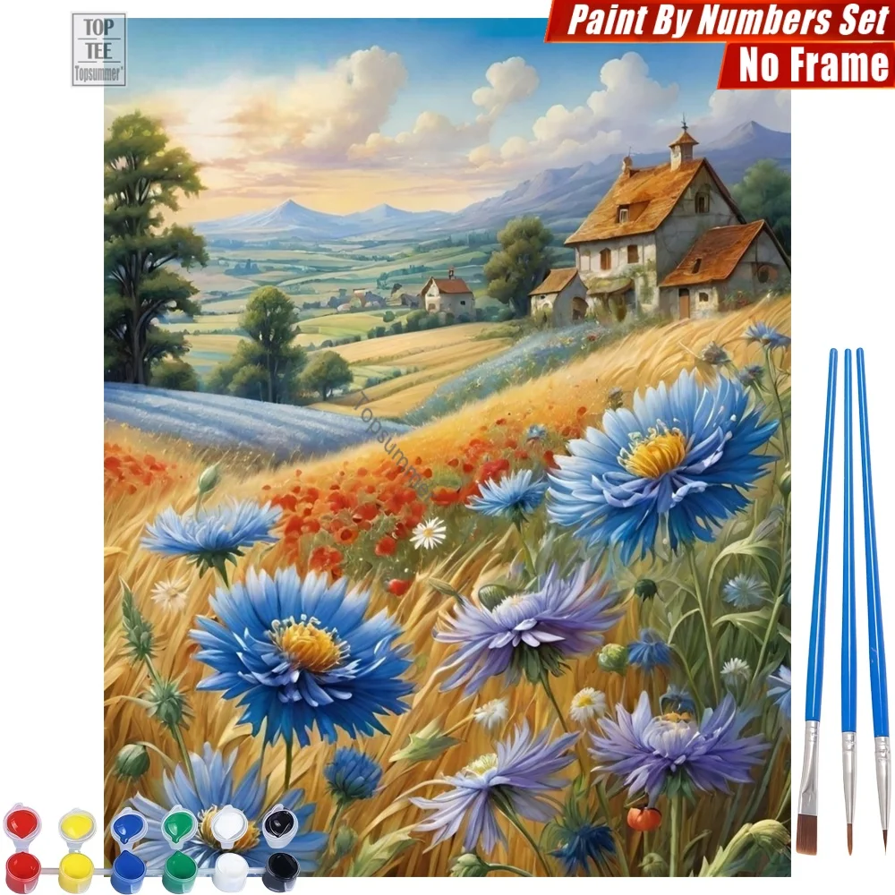 

Vast pastoral landscape Digital Oil Paints Kit - Blue flowers wheat Home Activities Christmas Gift For Daughter