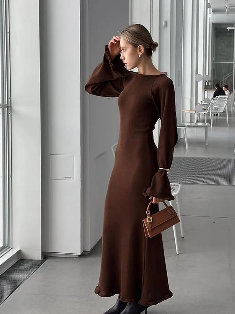 Women's Elegant Solid Ruffles Edge Knitted Maxi Dress Fashion Round Neck Long Flare Sleeve Skinny Robe Lady 2024 Street Vestidos