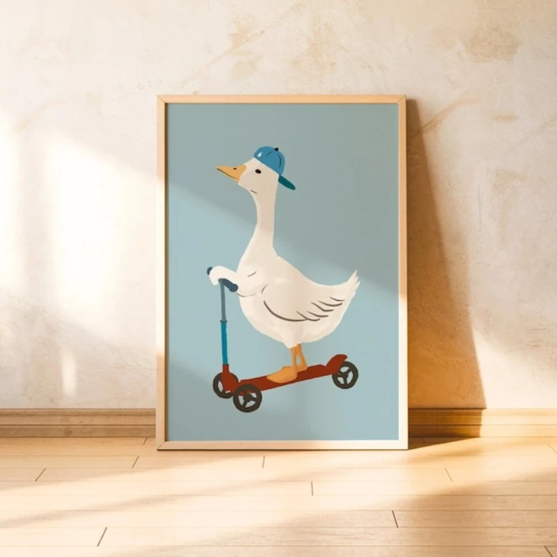 

Goose riding a scooter wall decoration duck illustration baby room poster animal pattern children's bedroom art cute little bird