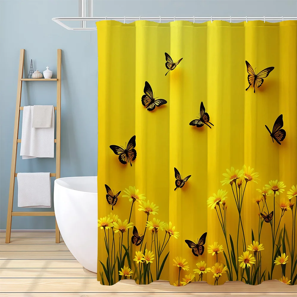 1pc Yellow Background Butterfly Flower Pattern Shower Curtain with 12 Hooks, Suitable for Windows And Wall Bathtub Bathroom Home