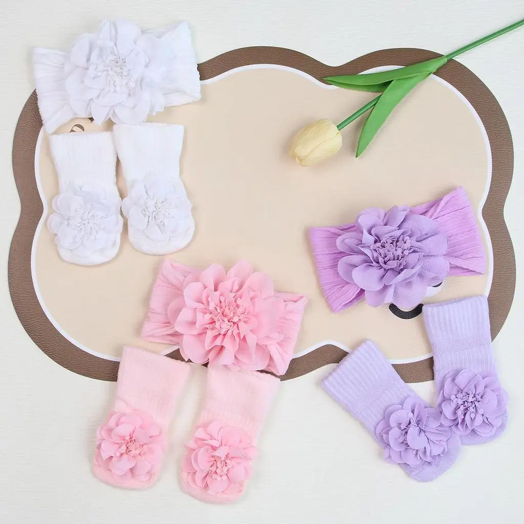 

2Pcs/Set Big Flower Baby Headband With Socks Solid Color Elastic Kids Headwear Soft Baby Hair Accessories Gift