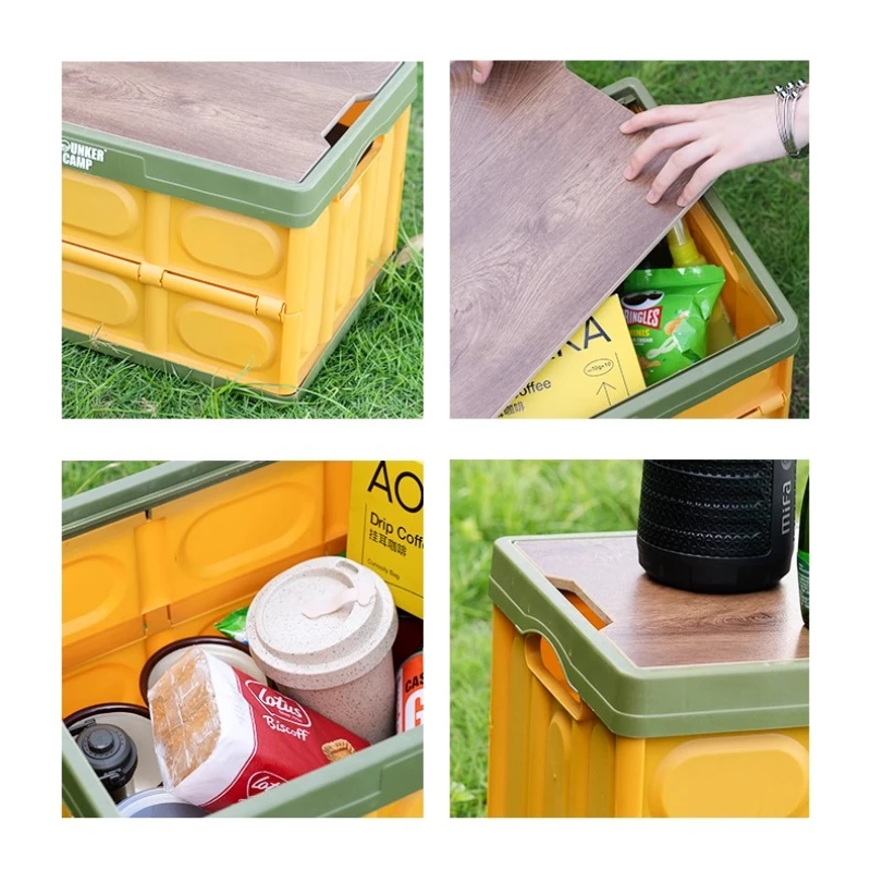 صندوق تخزين قابل للطي 50 لتر/30 لتر للتخييم في الهواء الطلق، منظم قابل للطي وخفيف الوزن بسعة كبيرة مع غطاء خشبي