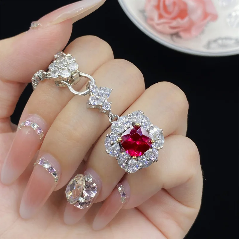 

Red Corundum Pillow-Shaped Square Bag Three-Piece Full Diamond Open Ring for Women Elegant Luxurious Pendant Earrings Set