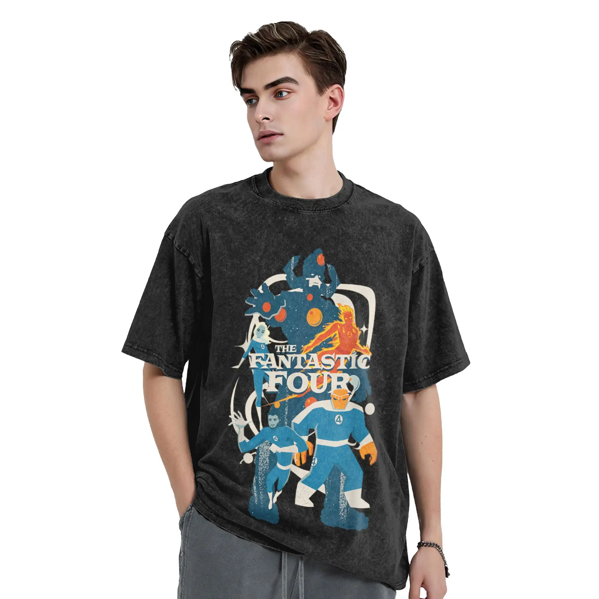 تي شيرت Cool The Fantastic Four First Steps Circle Logo للرجال من القطن المغسول تي شيرت أمريكي كوميدي بأكمام قصيرة تي شيرت