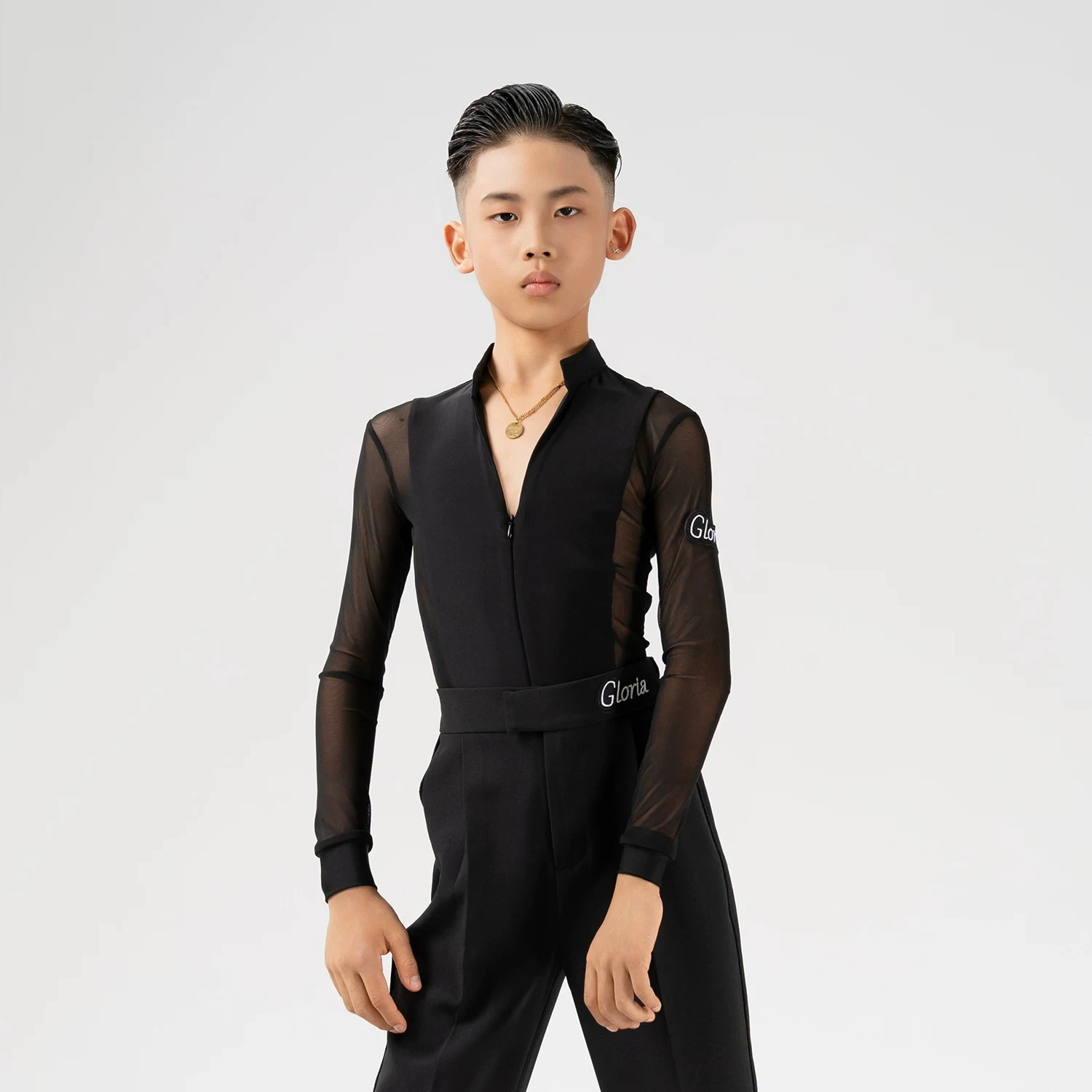 2026 Latin Dance Performance Costumes For Boys Mesh Sleeved Shirts Black Pants Practice Clothes Rumba Modern Latin Wear XH5586