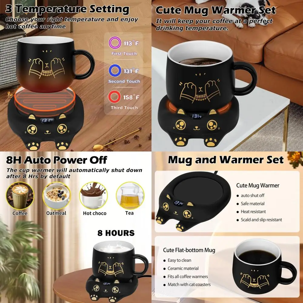 

Coffee Mug Warmer & Cute Cat Mug Set, Coffee Cup Warmer for Desk with Auto Shut Off, Beverage Warmer with 3 Temp Settings, Candl