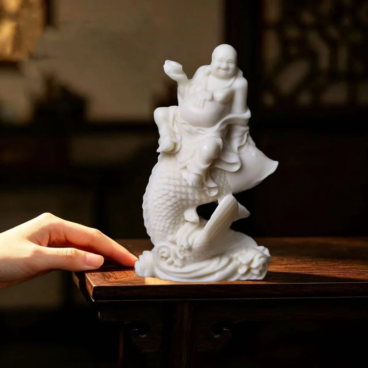 Resin Laughing Buddha Sitting on Fish Statue Ivory-style Maitreya Figurine for Feng Shui Home Office Decor Wealth Good Luck Gift