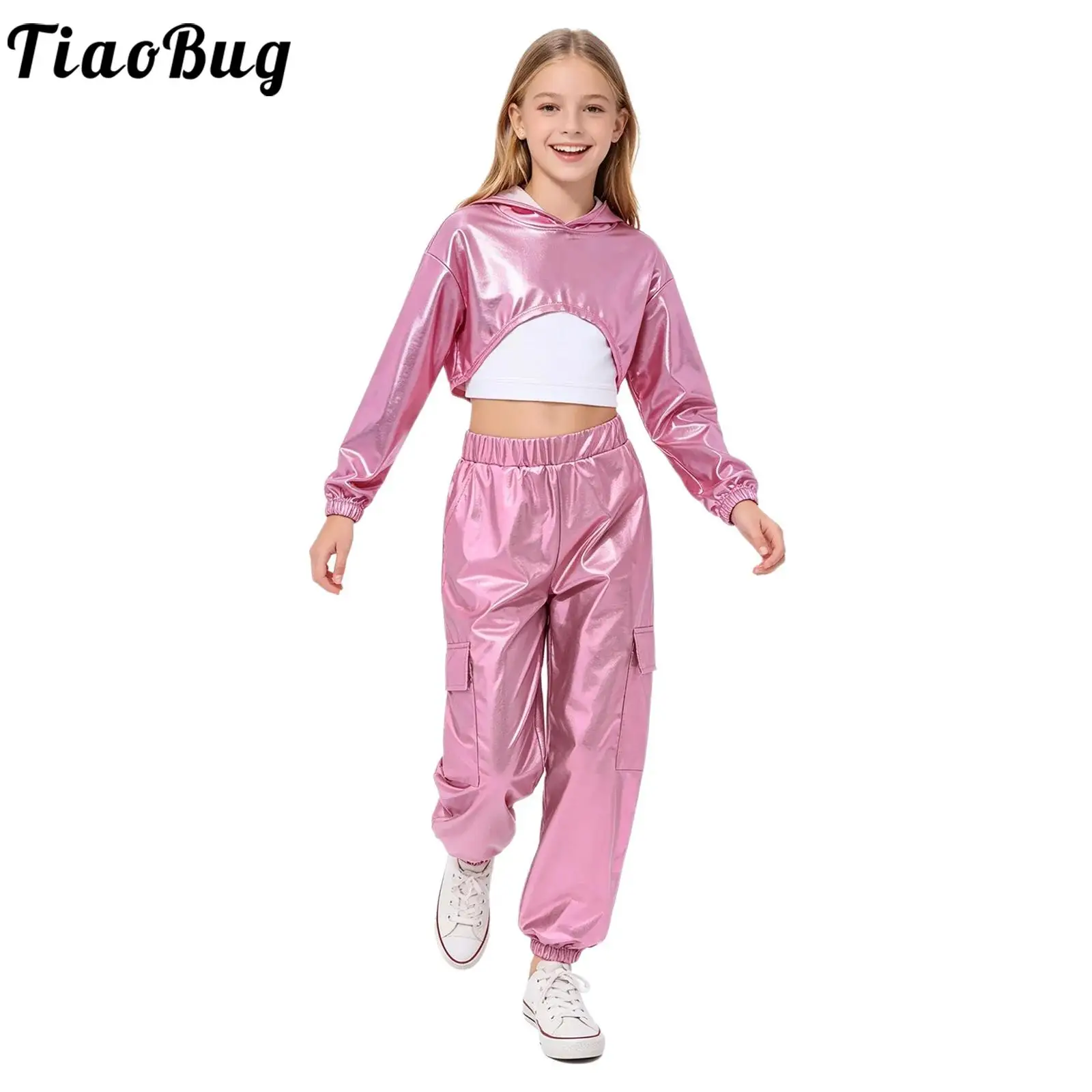 Kids Girls Metallic Hip Hop Jazz Street Dance Costume Long Sleeve Cropped Hoodie with Vest Cargo Pants School Show Stage Outfit