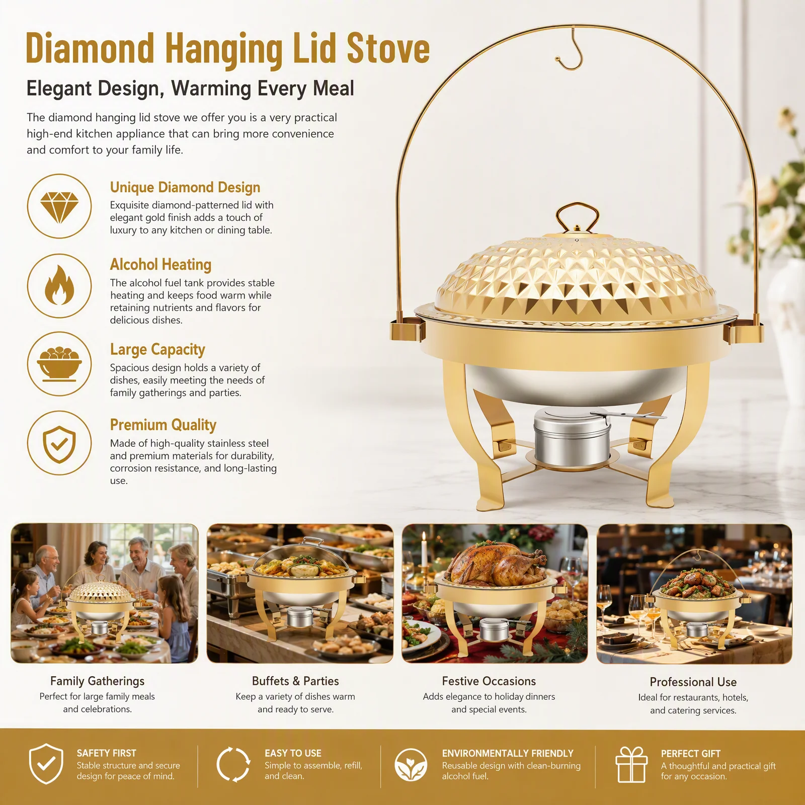 Gold Diamond Lid Chafing Dish – 8.5Qt Stainless Steel – Alcohol Burner – Hot & Cold Serving – Buffet Party