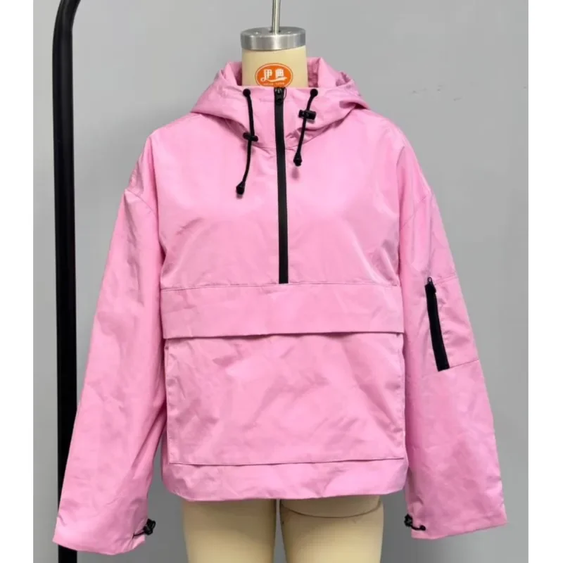 เสื้อแจ็คเก็ตกันลมสำหรับผู้หญิงสำหรับเล่นกีฬากลางแจ้ง ฤดูใบไม้ผลิ/ฤดูใบไม้ร่วง สีพื้น ทรงหลวม มีซิปและฮู้ด เสื้อแจ็คเก็ตสำหรับปีนเขา