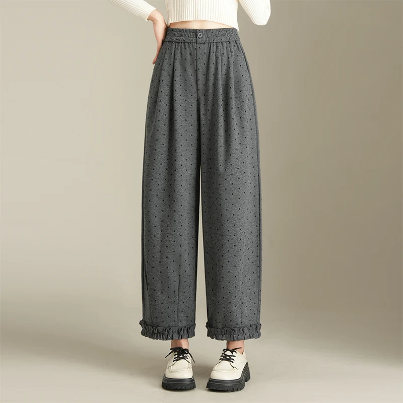 

Женские брюки-блумеры в горошек с высокой талией, широкие повседневные брюки для весенне-осеннего сезона, модная одежда больших размеров для женщин