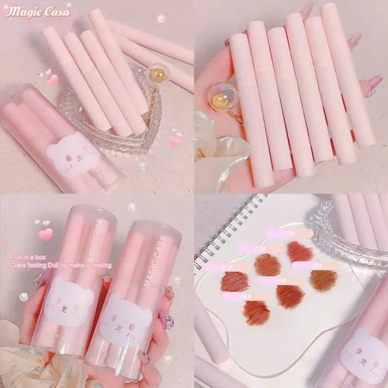 6pcs Set Cute Pink Lip Glaze Waterproof Liquid Lipstick Beauty Cosmetics Mirror Water Lip Gloss Lipgloss Gift Set Lips Makeup