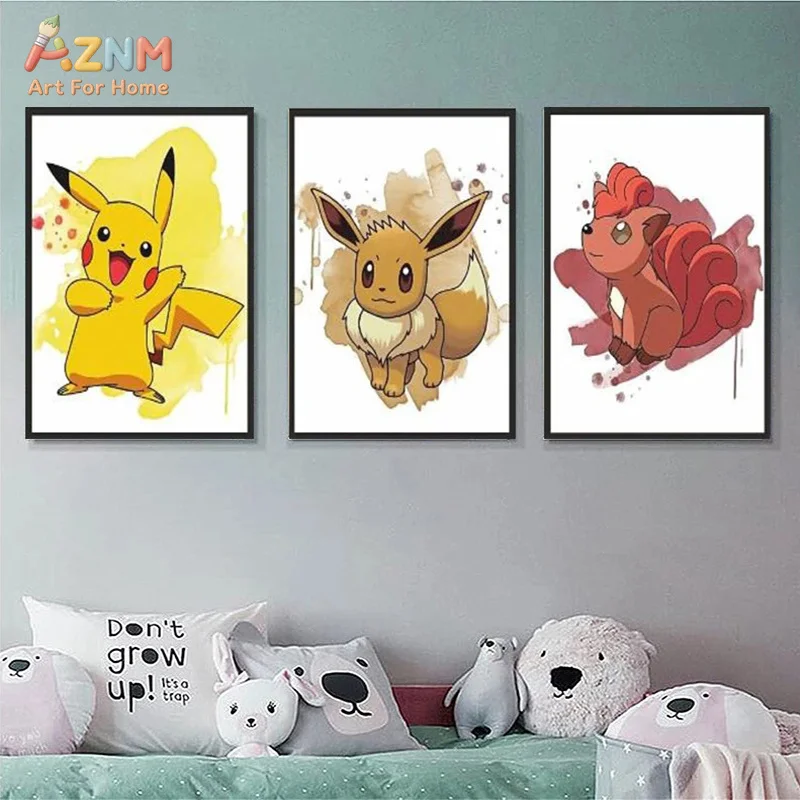 AZNM Pokemon Watercolor Canvas Poster Pikachu Charmander Bulbasaur Anime Wall Art Print Kids Room Home Decor Painting Gift