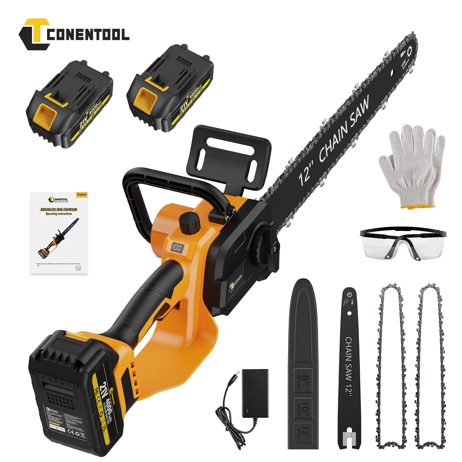 CONENTOOL 12 Zoll Bürstenlose Elektrische Kettensäge Kabellose Wiederaufladbare Holzschneidesäge Baumschneide-Gartenwerkzeug 4,0 Ah Akku für Makita 18V Akku