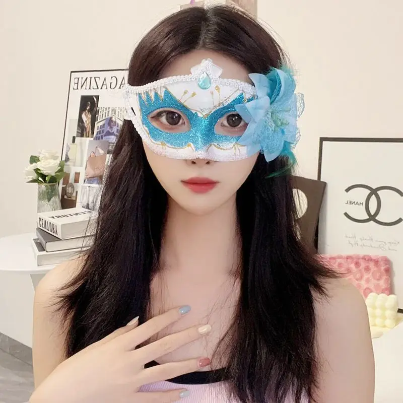 Women Flower Masquerade Masks Sexy Lace Rhinestones Halloween Mardi Gras Costume Cosplay Birthday Party Prom Props Blue Pink Red