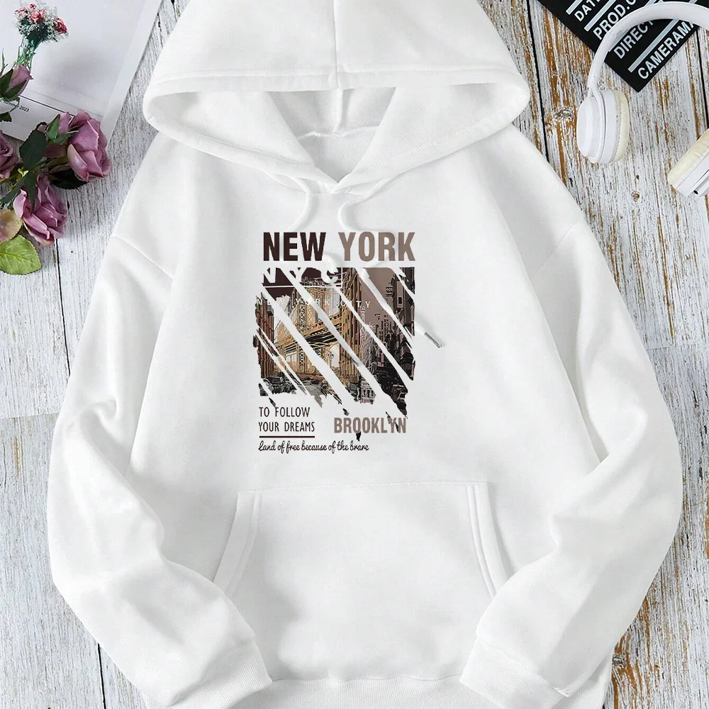 NEW YORK Women's Cotton Hooded Sweatshirt Pictur Spring Autumne Print Casual Women's Basic Hooded Sportswear Oversized Clothing