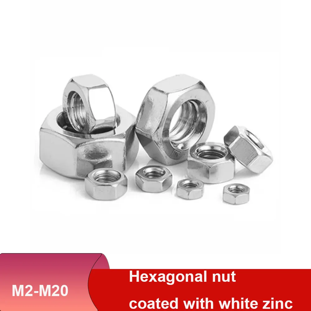 10/50/100/1000Pcs Thread Inner Dia M2-M20 Mechanical Equipment Galvanized White Small Hexagon Flat Nut