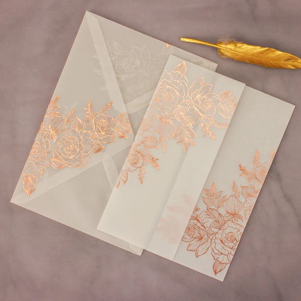 100pcs Vellum Wedding Invitations Cards Rose Gold Foil Bridal Show Invite Envelopes Purple Gilding Silve Stamping Blue Black Red