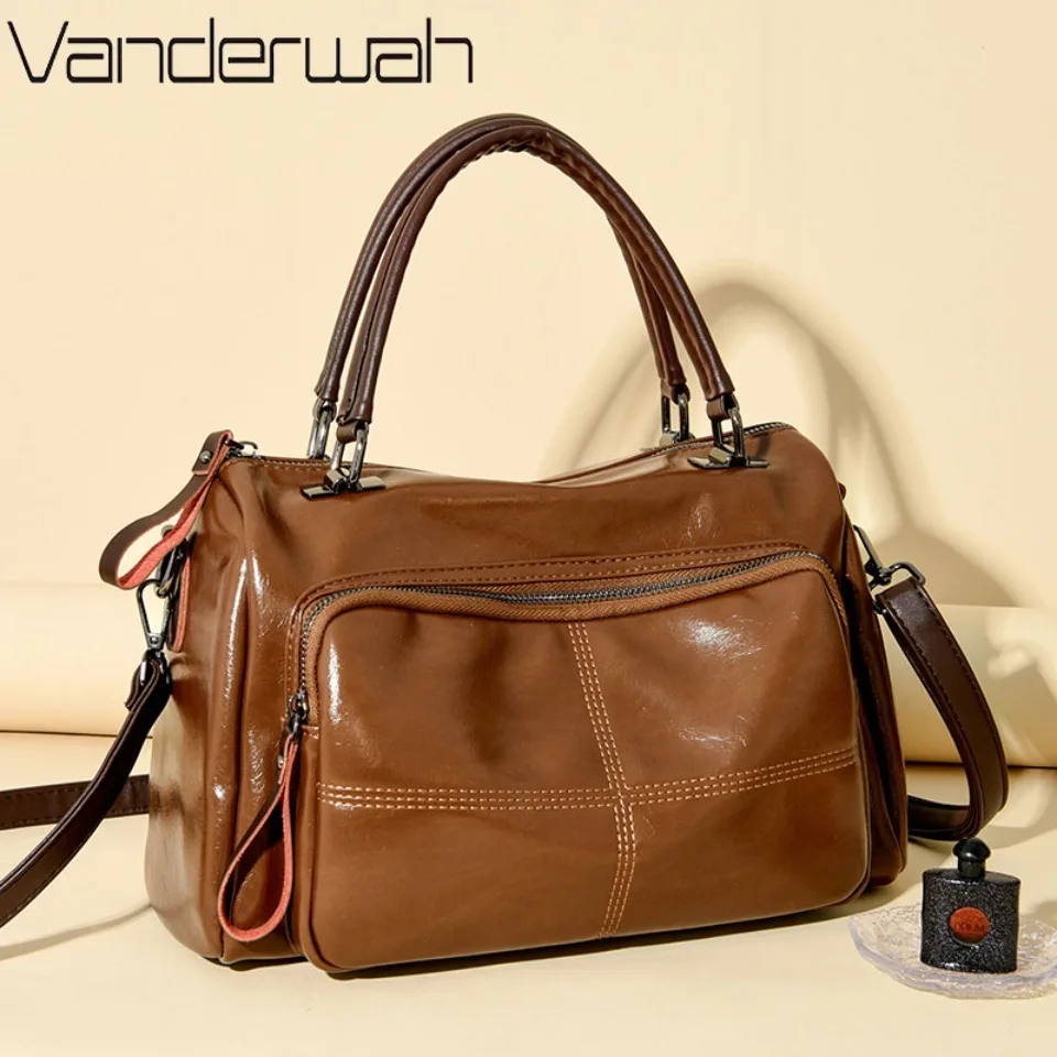 Vintage Soft Oil Pu Leather Handbag Women Handbag Large Capacity Shoulder Crossbody Bag Travel Business Hand Bag Casual Tote sac
