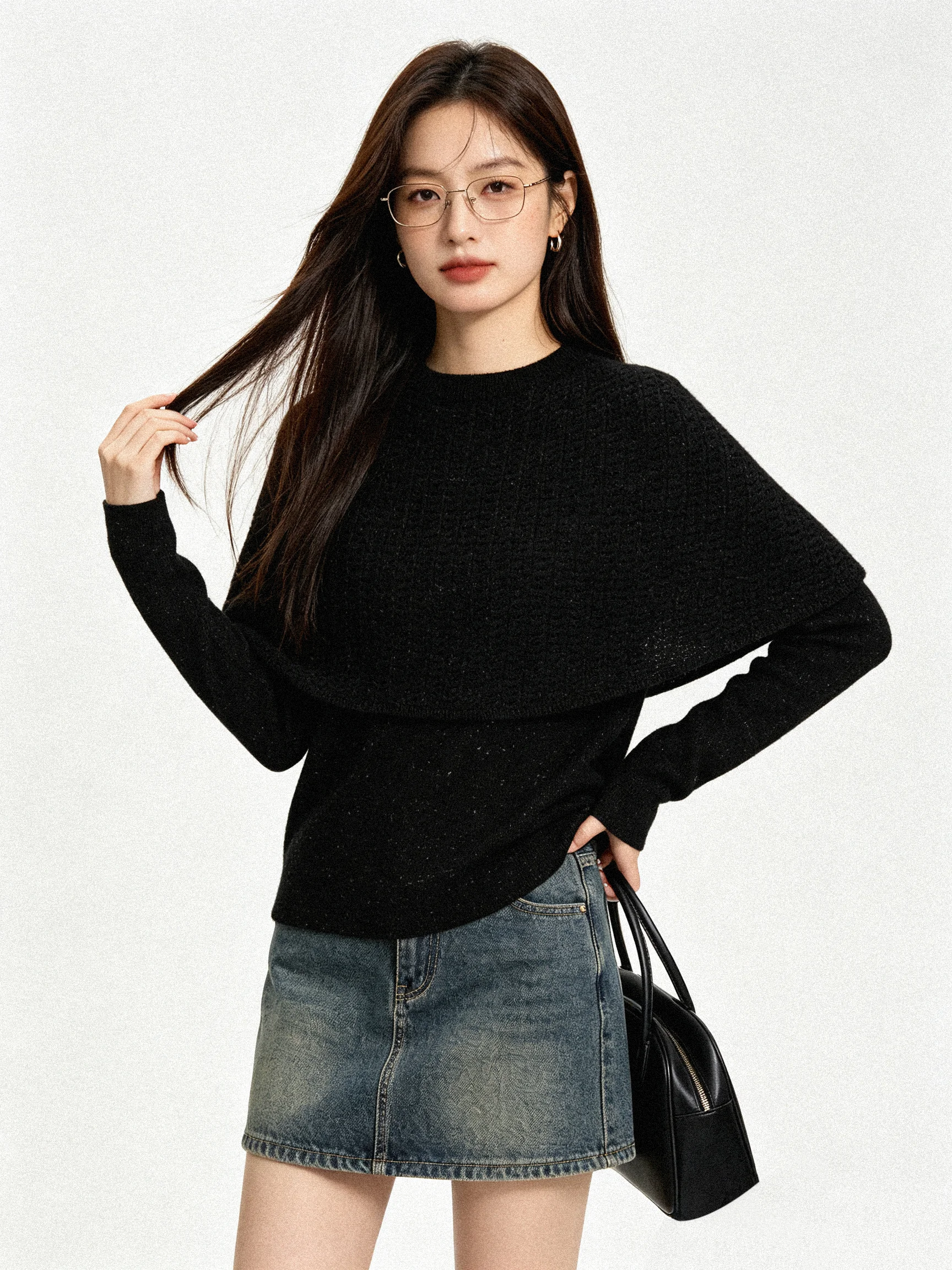 Women's Loose Long Sleeve Knitted Sweater Set Shoulder Shawl Mixed Fabric Autumn Early Color Dot Design Casual Fashion