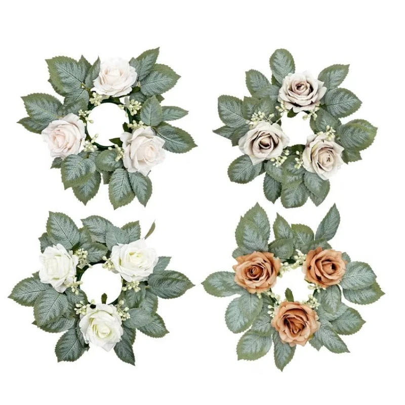 

1pcs Candle Rings candlestick garland Artificial Rose Wreath Christmas Decoration Props Table Wedding event Arrangement