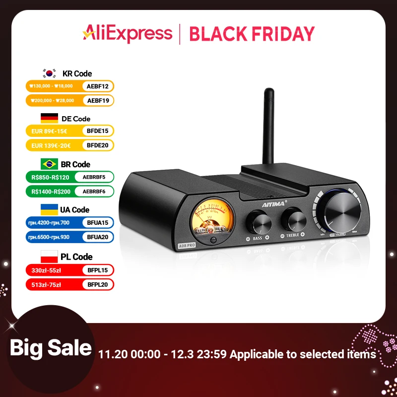 AIYIMA Audio A08 Pro amplificatore TPA3255 300W Bluetooth QCC5125 APTX ricevitore Stereo amplificatore digitale VU Meter Bass Treble Control