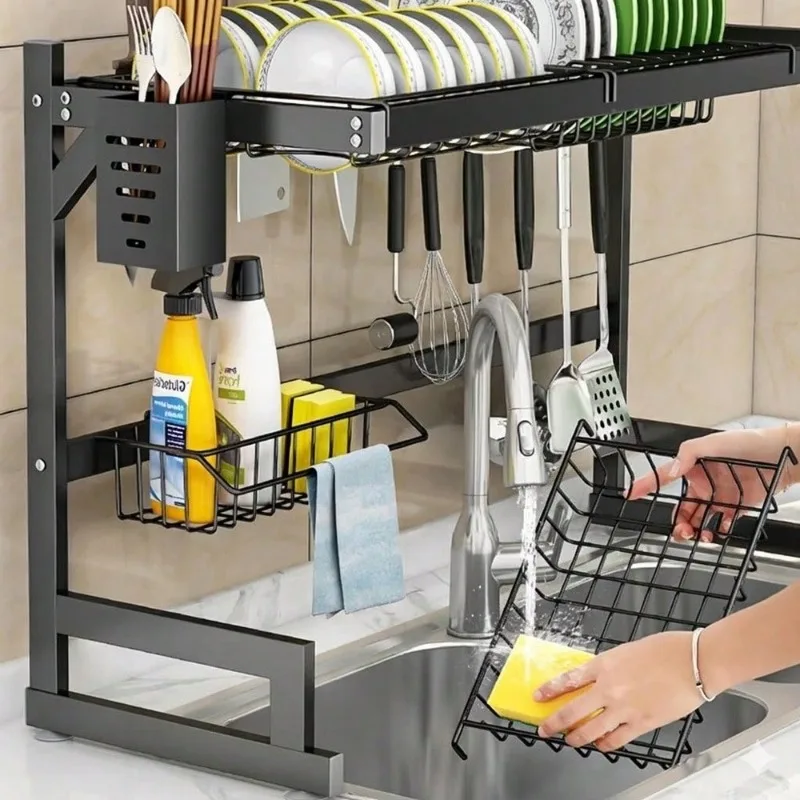 Large Over Sink Dish Drying Rack, 2 Tier Stainless Steel Dish Drainer For Kitchen Storage And Organization, Space Saving Countertop Rack Size 33 X 13 X 20 Inch