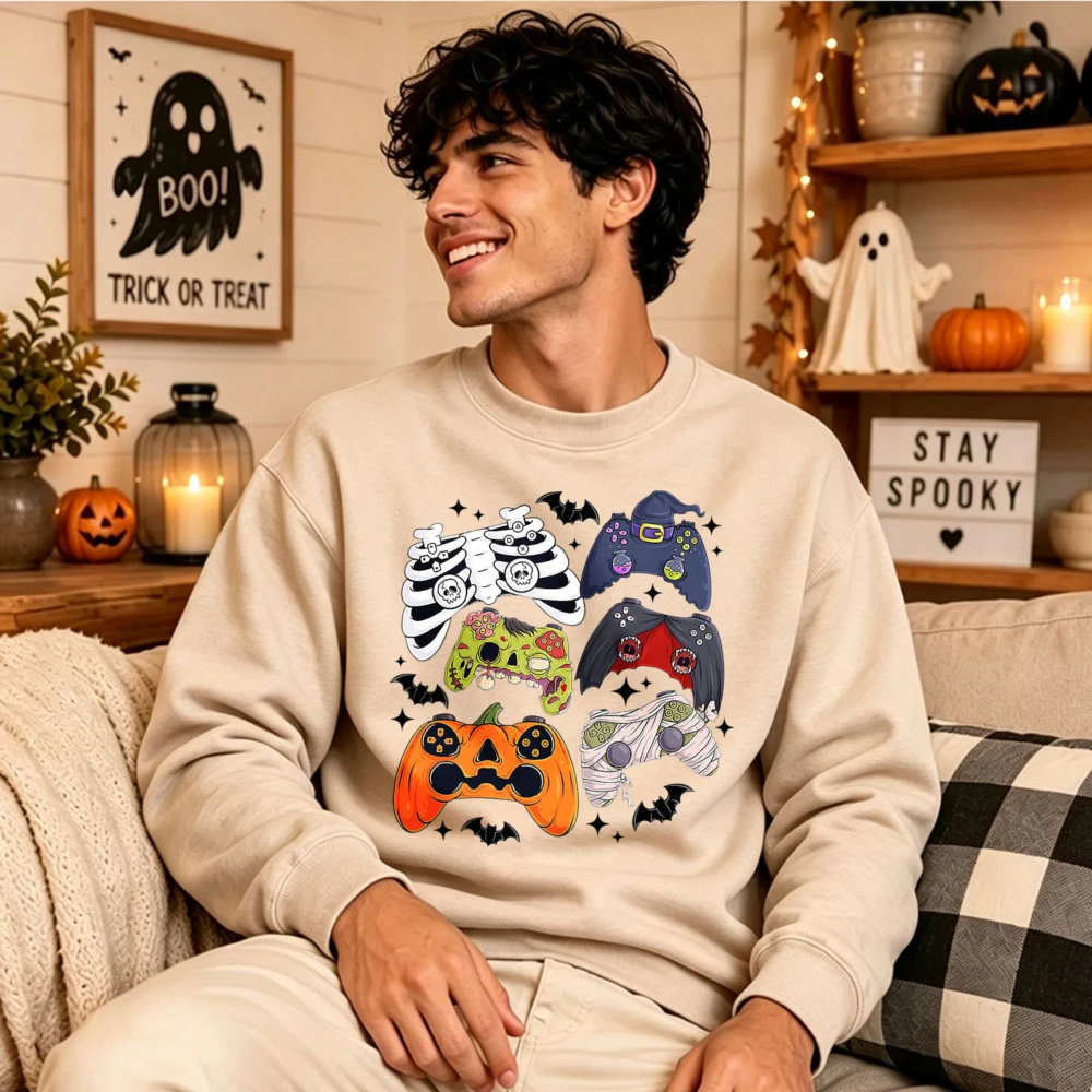 Halloween Game Controller Skeleton Pumpkin Mummy Bat Graphic Crewneck Sweatshirt Gamer Print Holiday Soft Casual Pullover Tops