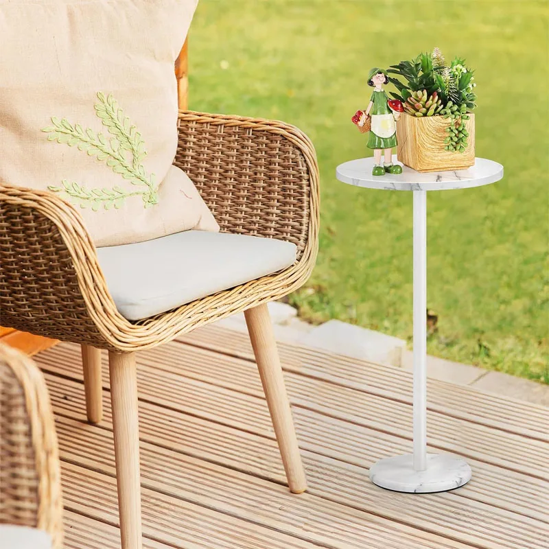 Set of 2 White Round Side Tables - Modern Accent Pedestal Drink Tables with Marble Base for Small Spaces, Living Room, Bedroom,