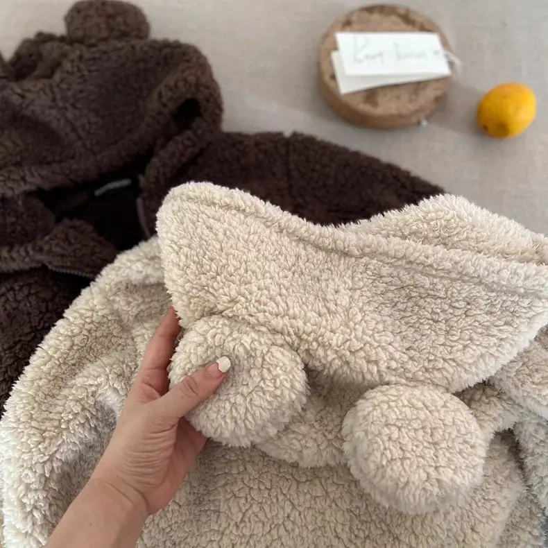 Boys' Winter Thick Cotton Coat Baby Lamb Wool Coat Girls' Ear Wool Sweater Children's Plush Coat