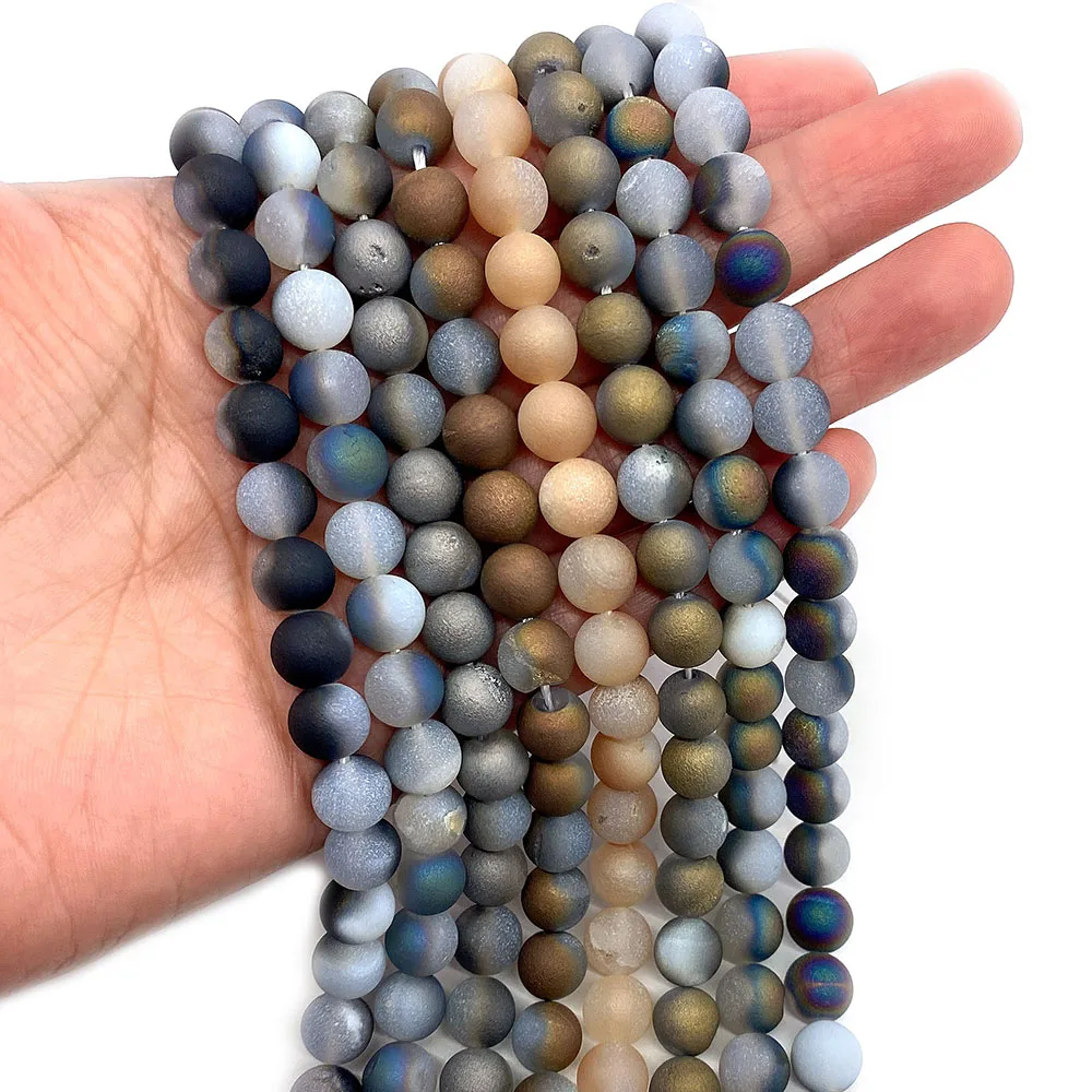 Natural Stone Agate Matte Beads 6-10mm Fashion Electroplating Round Agate Beads Charm Jewelry DIY Bracelet Necklace Accessories