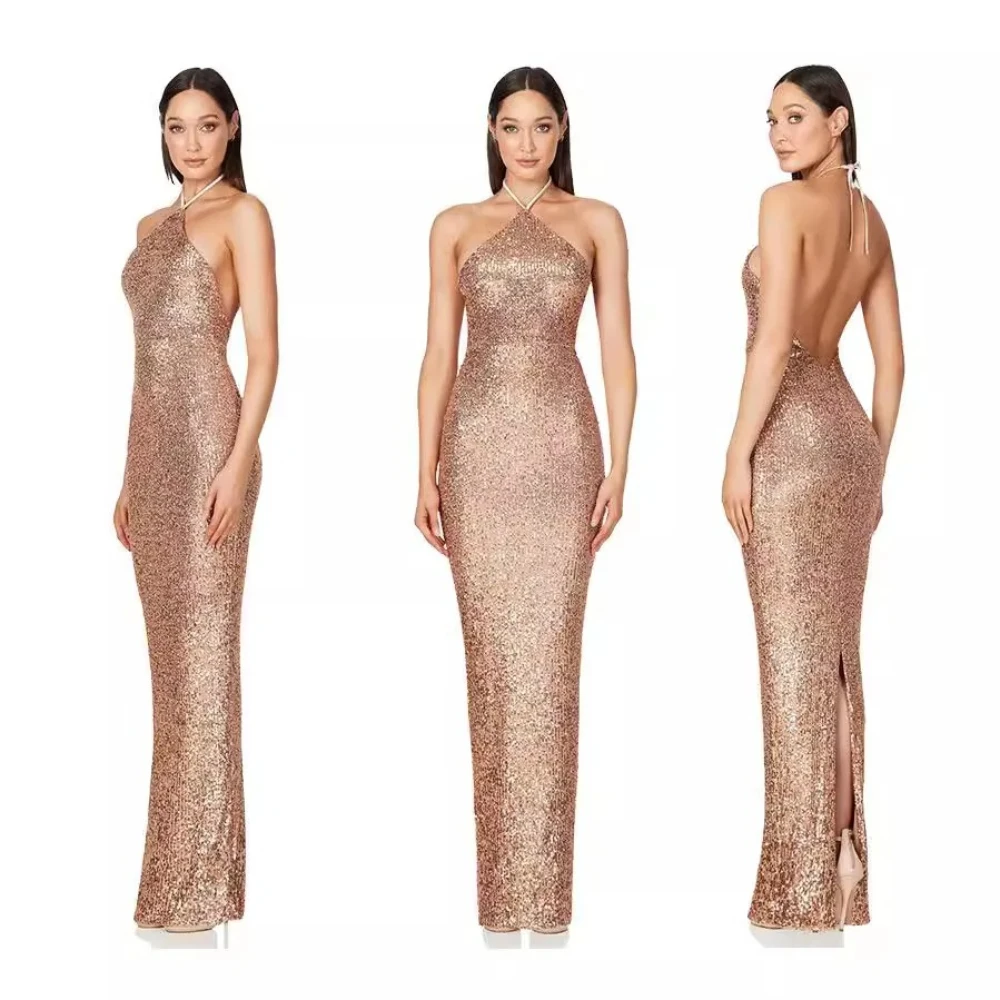 Women Elegant Party Dresses Lower Split Wedding Cocktail Prom Dress Sequin Neck Hanging Sexy Long Formal Evening Dresses Hxy312
