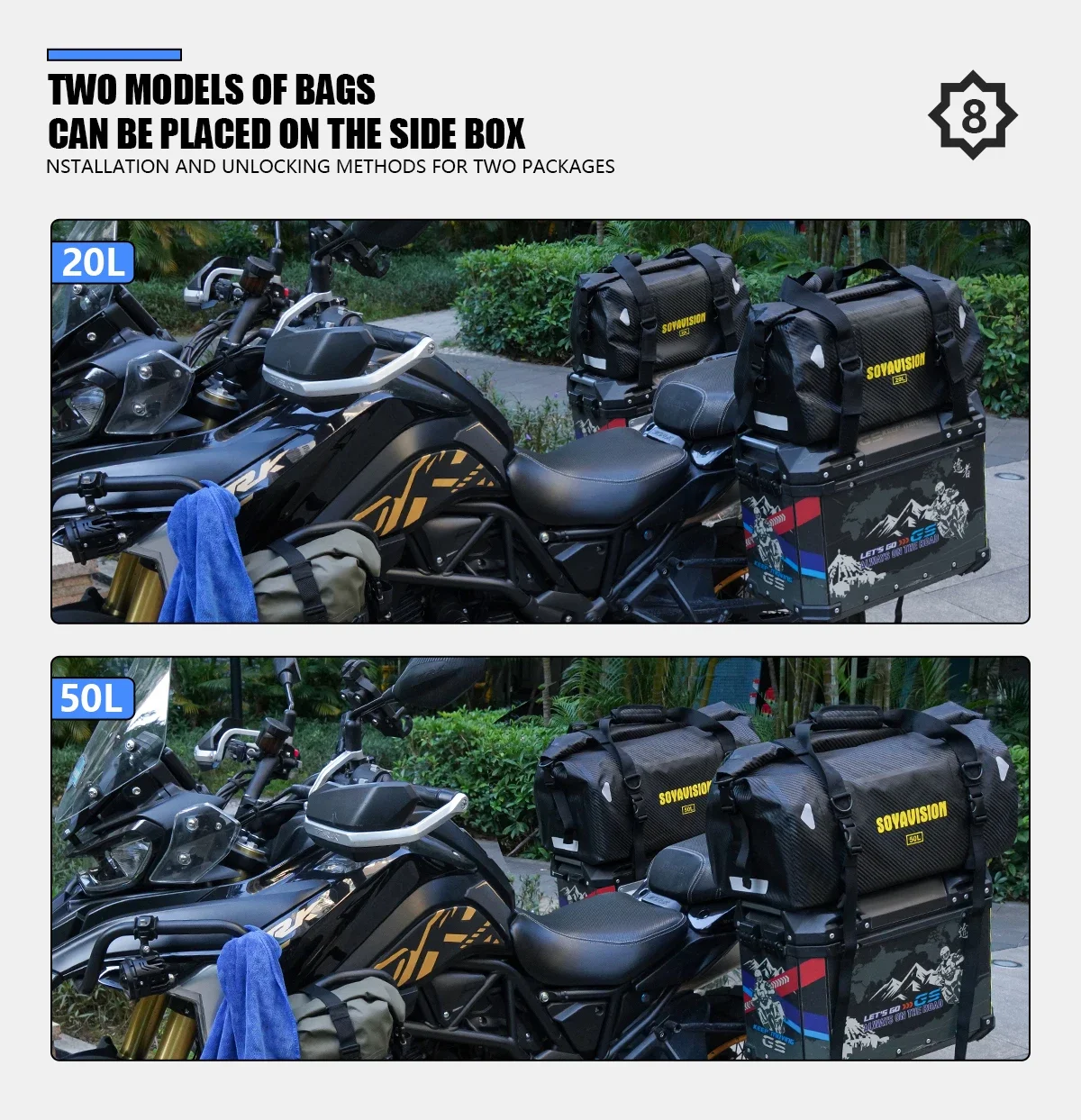 SOYAVISION 20L 50L 100L 130L Waterproof Off road Vehicle Storage Bag Motorcycle Tail Bag Travel Outdoor Luggage