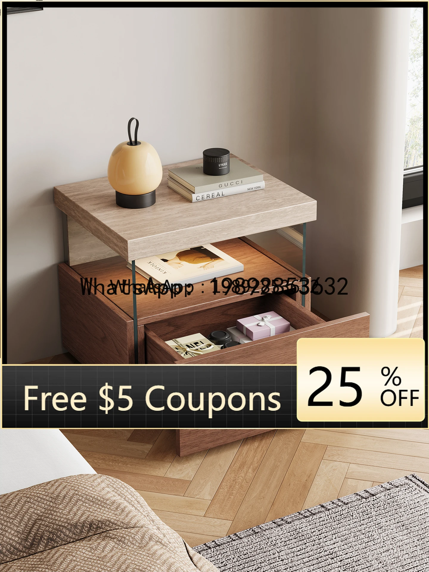 AB  Vintage Solid Wood Nightstand Walnut Grain Travertine Italian Minimalist Bedroom Storage Bedside Cabinet