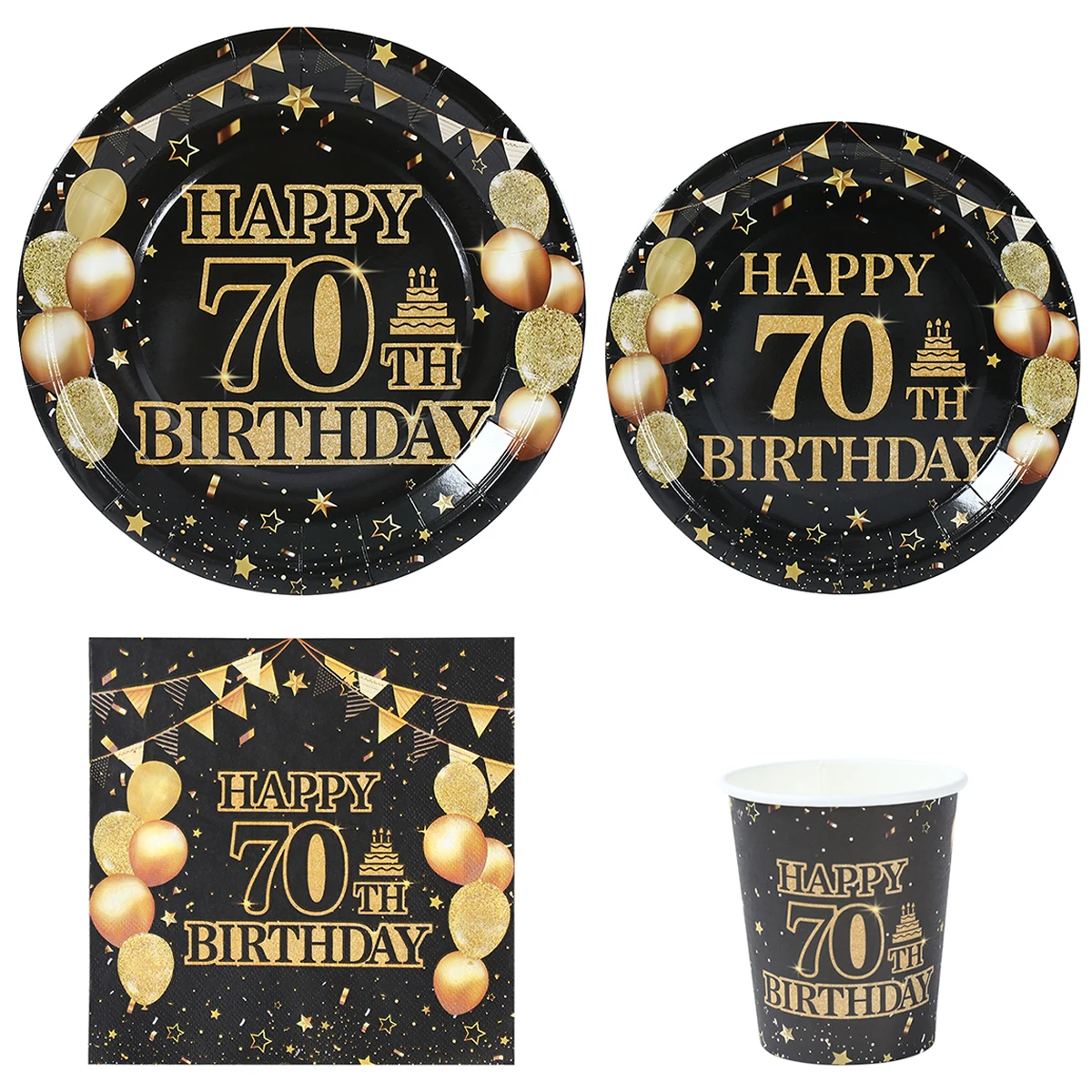 70e Fête D'anniversaire Vaisselle Assiettes En Papier Serviettes Tasses Noir Or Décoration D'anniversaire Hommes Femmes 70 Ans Décoration D'anniversaire