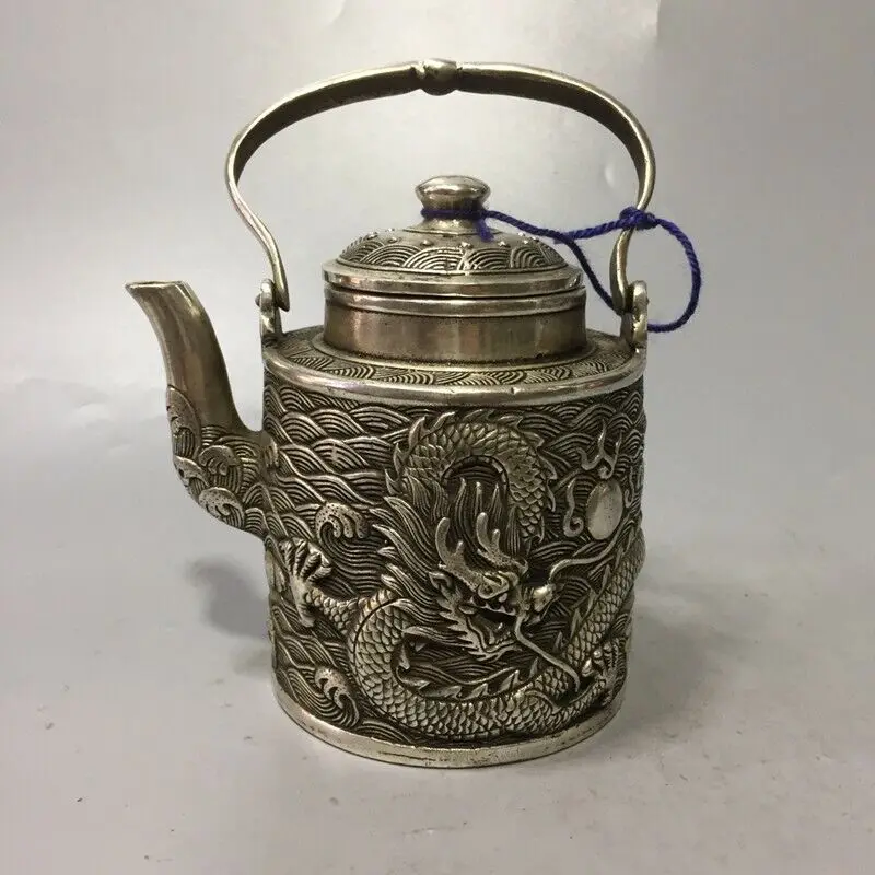 

Exquisite Old Chinese Tibet Silver Handcarved Dragon Pots Teapot