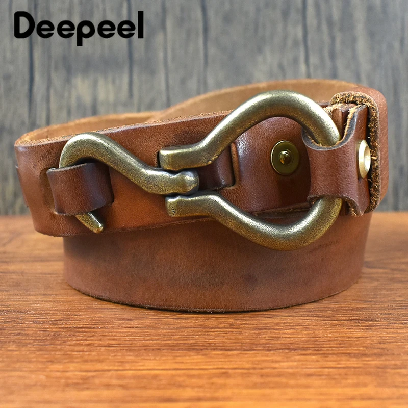 Deepeel 3.3cm Wide Genuine Leather Belt Cowhide Thickened Belts Men's Brass Hooks Waistband Male Retro Jeans Designer Girdles