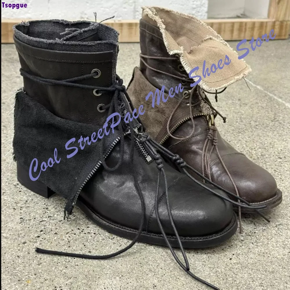 Men Distressed Brown Leather Front Zipper Ankle Boots Wrap Lace up Streetwear Country Casual Walking Booties Outdoor Shoes