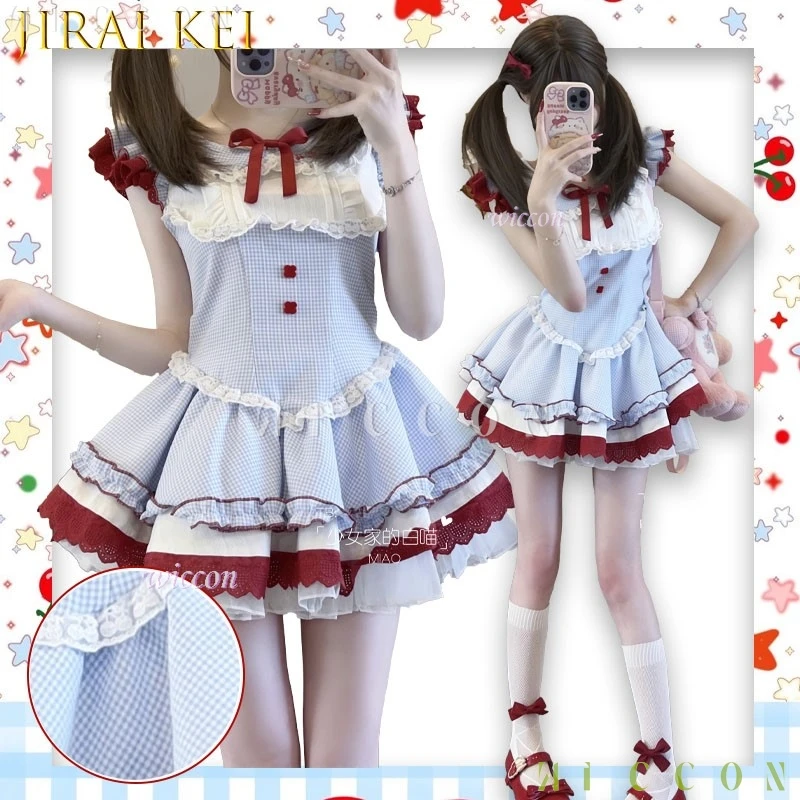 

Summer New Sweet Slim Dress Women Design Kawaii Patchwork Bow Plaid Dresses Female Fashion Lovely Lace Skinny Blue Outfit party‌