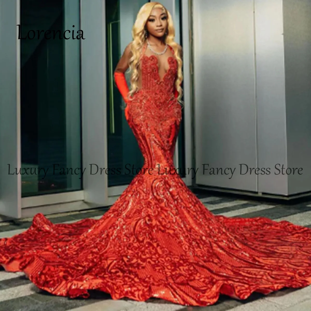 Sparkly Red Sequins Sleeveless Mermaid Prom Dress Luxury Black Girl Crystals Appliques Elegant Evening Dresses Robe De Soiree