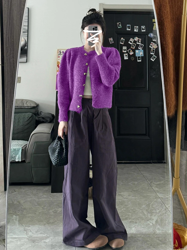 

Purple Knitted Sweater Coat Women's Autumn Winter New Sle Korean Lazy Faion High-End Open Cardigan Top Sweet Sle Slim Fit