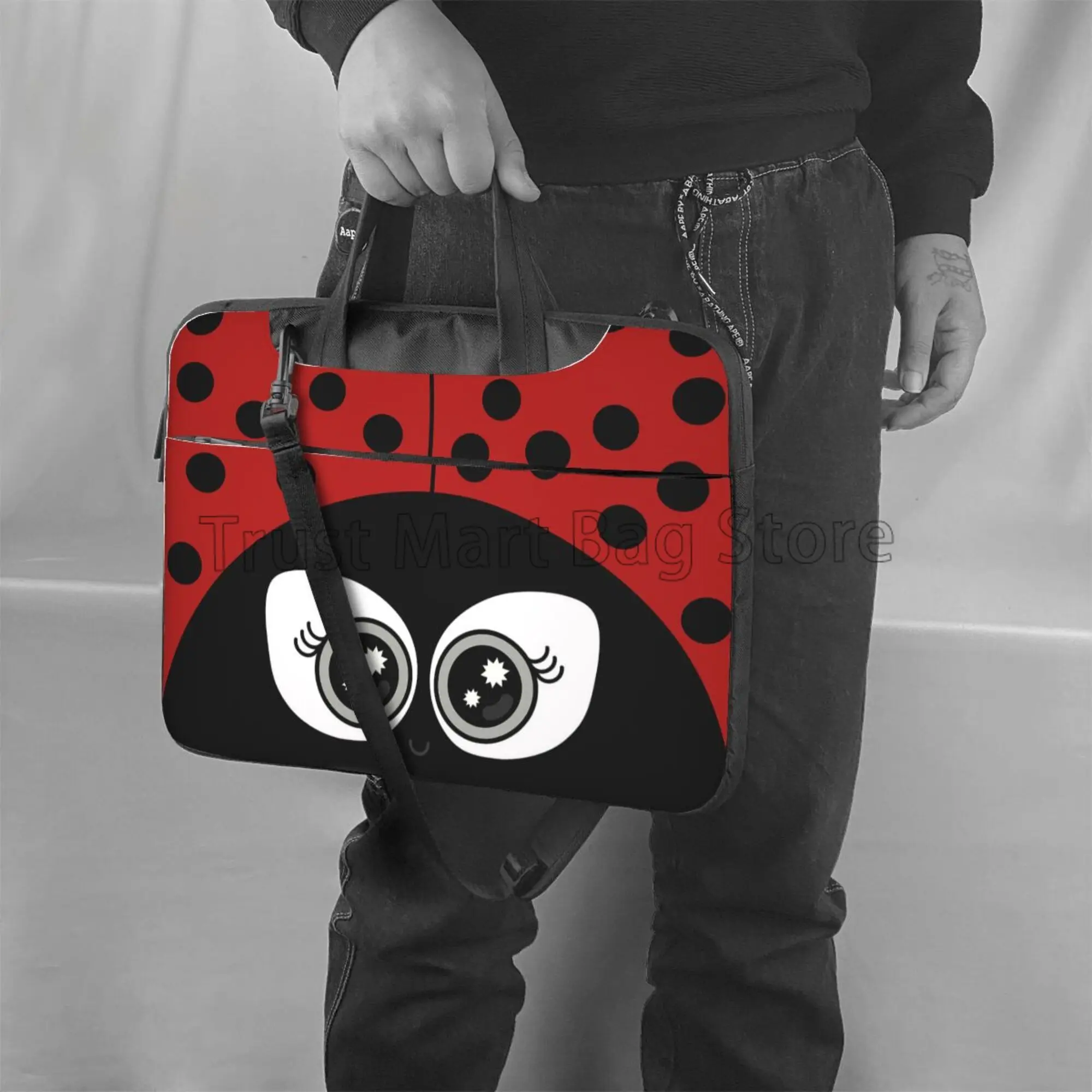 Cute Cartoon Ladybug Pattern Laptop Shoulder Bag Carrying Case Computer PC Cover Pouch with Handle Fits 13/14/15.6 Inch Notebook