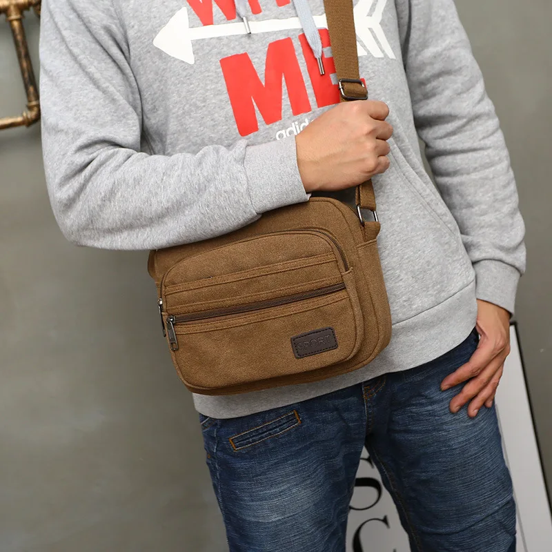 Multifunctional Men's Shoulder Bag Zipper Solid Color Casual Messenger Canvas Fashion Zipper Retro Travel Men's Shoulder Bag