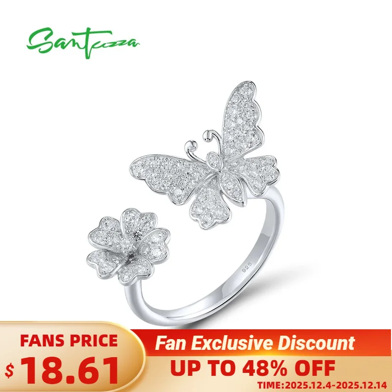

SANTUZZA открытые кольца из чистого серебра 925 пробы для женщин, сверкающий белый цирконий, милые ювелирные изделия с бабочкой и цветком
