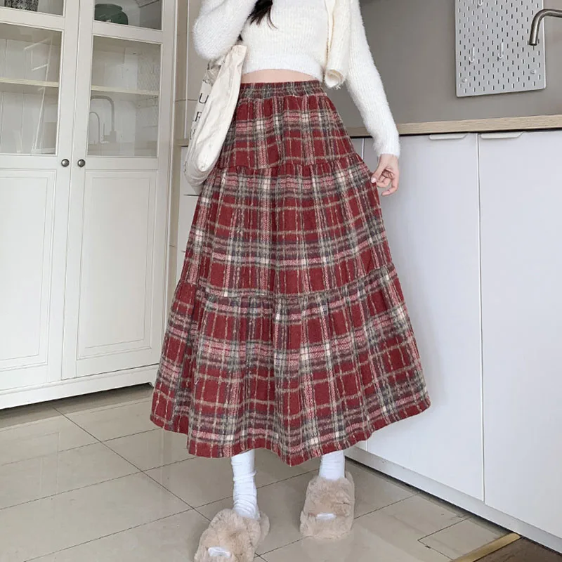 Vintage Midi Skirts Women Autumn Winter High Waist Wool Plaid Skirts for Women Casual Clothing Female Pleated Skirts Streetwear