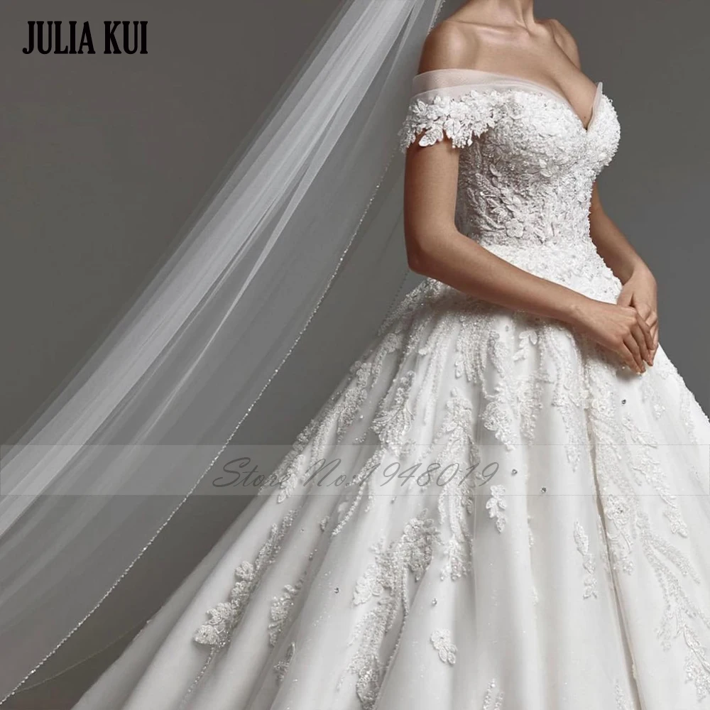 Julia kui feito sob encomenda do vintage fora do ombro mangas vestido de baile vestido de casamento com miçangas bordado renda tribunal trem vestido de noiva