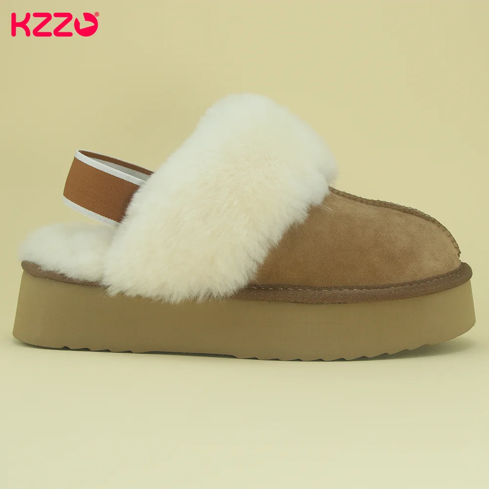 KZZO Winter Sheepskin Fur Women\'s Home Platform Slippers Elastic Bands Thick Sole Casual Indoor Natural Wool Lady Warm Shoes