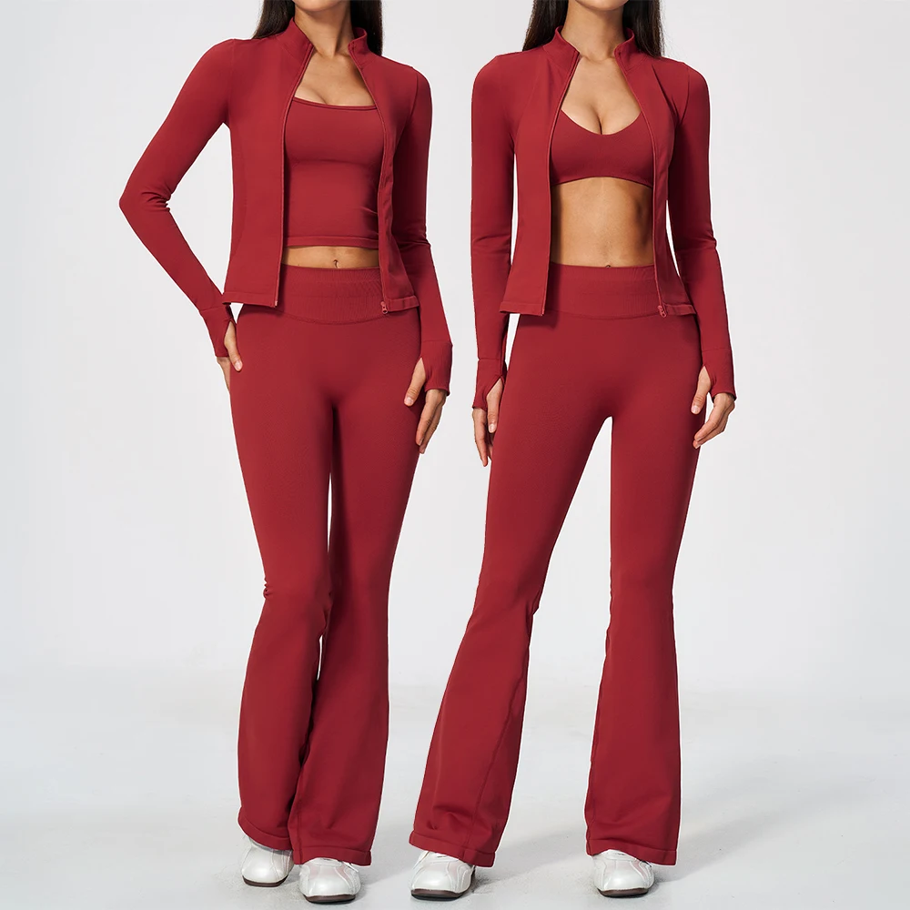Fitness Suit Women Workout Tracksuit Seamless Yoga Set 3Pcs Zip Thumb Hole Jacket Sports Bra High Waist Flare Pants Gym Clothing